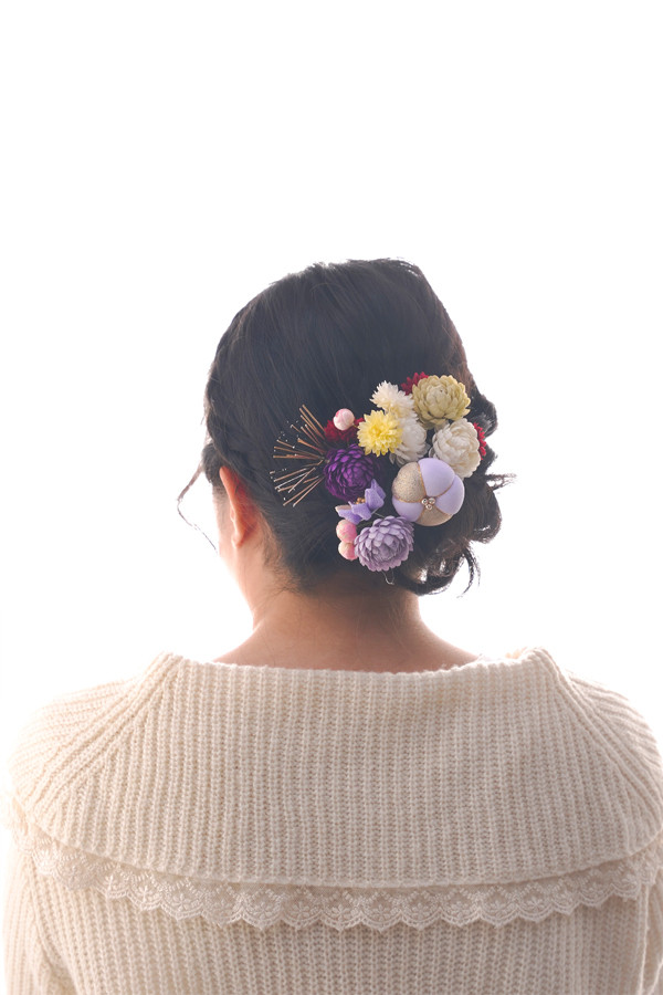 和髪飾り　紫・花・つまみ細工 1,1,1 