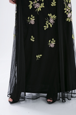 シースルー 花刺繍 長袖ロングドレス
