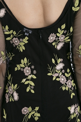 シースルー 花刺繍 長袖ロングドレス